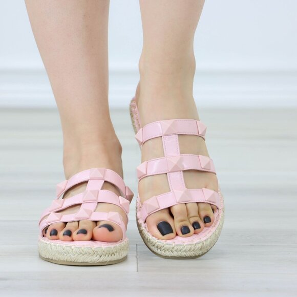 Light Pink Studded Espadrille Sandals Strappy Gladiator Style Casual Shoe - Picture 12 of 15